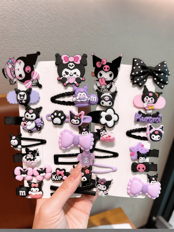 Sanrio Sanrio - 14PCS - Sanrio, Kuromi. These Are Cute Cartoon-Style Hairpins For Children, Including Lovely Pink Ones And Black Kuromi Hairpins. They Are Sweet Side Bangs Clip Hair Accessories. This Product Is Packaged In An OPP Bag And There Is No Cardboard (Some Parts May Be Random).