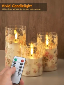 3 nến không ngọn lửa có điều khiển từ xa, nến chạy bằng pin có hẹn giờ, đèn nến LED hình hoa hồng, đèn trang trí không gian lãng mạn, nến LED điện tử không khói, thích hợp cho Giáng sinh, gia đình, đám cưới, sinh nhật, ngày lễ tình nhân, tiệc công ty - trong suốt - Xem 2