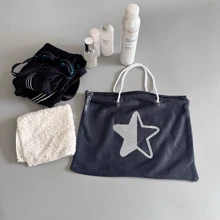 1pc Navy Blue Star Print Multi-Purpose Hand-Held Mesh Bag, Hollow-Out Mesh Net Bag With Zipper, Suitable For Shower, Toiletry, Fitness, Beach, Book, Storage And Travel