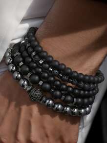 Set de 5 piezas de pulseras elásticas apilables negras hechas a mano con cuentas, joyas de moda para hombre y mujer de estilo punk gótico brillante para fiestas, vacaciones y regalos