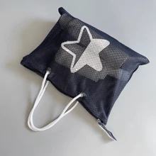 1pc Navy Blue Star Print Multi-Purpose Hand-Held Mesh Bag, Hollow-Out Mesh Net Bag With Zipper, Suitable For Shower, Toiletry, Fitness, Beach, Book, Storage And Travel