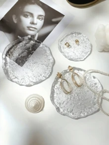 1pc Creative Asymmetrical Shaped Glass Tray, Jewelry Photography Prop, Transparent High-End Jewelry Display Plate, Glacier Pattern - Clear - View 2