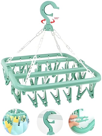 Tendedero de ropa con 32 clips a prueba de viento, tendedero de ropa multifuncional para el hogar, tendedero de ropa de plástico reforzado con pinzas para calcetines, tendedero plegable para balcón resistente a caídas, tendedero plegable ahorrador de espacio con gran capacidad para pinzas de calcetines