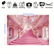 1 pieza Telón de fondo lujoso de escalera en rosa y dorado - Pasamanos con elegantes motivos dorados en espiral y detalles intrincados, diseño simétrico de arcada y paredes florales en flor, material de poliéster premium para el vestíbulo de un hotel lujoso, lugar de boda o decoración del hogar, sin necesidad de electricidad