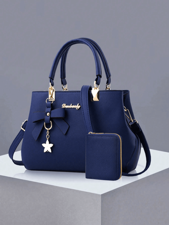 2 Stücke/1 Stück Damen Einfarbig Handtaschen & Geldbörsen Set, aus PU-Leder mit Schleifenanhänger, mit Reißverschluss, tolles Geschenk zum Muttertag/Valentinstag, elegante Damen Umhängetasche, Schultertasche, Umhängetasche, große Kapazität Geldbörse