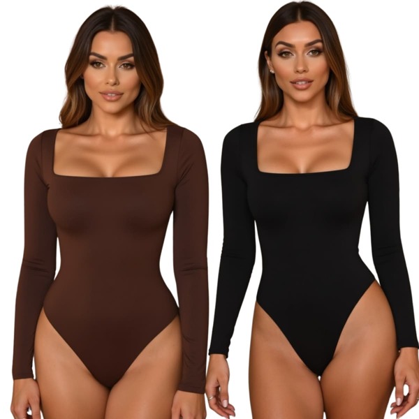 Kit 2 Body Feminino Decote Quadrado Manga Longa Suplex Forrado Premium    elegante