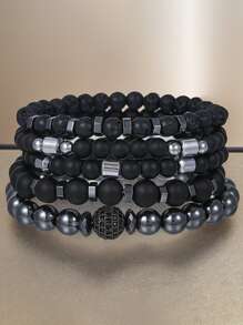 Set de 5 piezas de pulseras elásticas apilables negras hechas a mano con cuentas, joyas de moda para hombre y mujer de estilo punk gótico brillante para fiestas, vacaciones y regalos