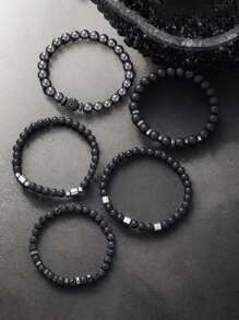 Set de 5 piezas de pulseras elásticas apilables negras hechas a mano con cuentas, joyas de moda para hombre y mujer de estilo punk gótico brillante para fiestas, vacaciones y regalos