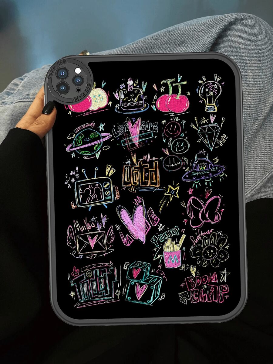 1 Peça Capa de Tablet Antiderrapante em Estilo de Rabisco de Giz de Cera com Tema de Dopamina, Pintada à Mão, Proteção Antiderrapante Integrada de 360 Graus para iPad de 10ª Geração de 10,9 Polegadas, Capa Protetora de Couro Portátil para Tablet iPad de 10,2 Polegadas