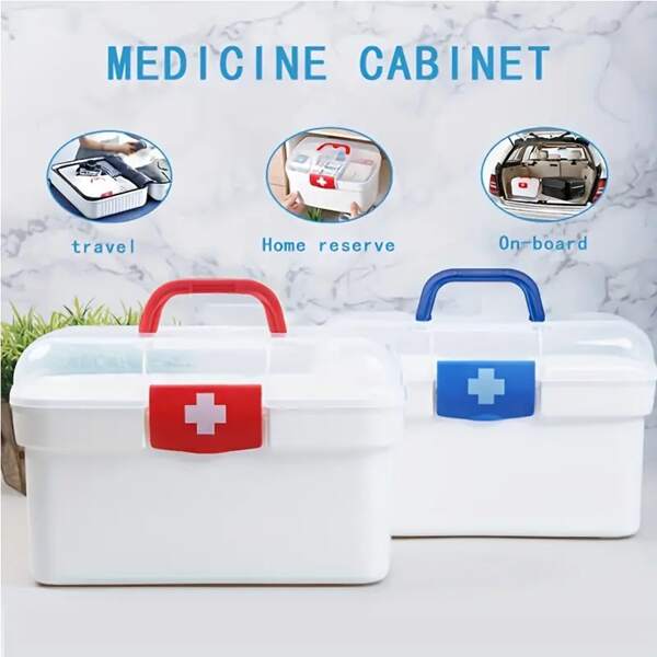 1 pezzo Scatola portabile per la conservazione dei medicinali a più strati - in materiale PP, a righe rosse e blu, design EMS, adatta come scatola per il pronto soccorso domestico e da viaggio, scatola portabili per medicinali, scatola del pronto soccorso compatta, scatola del pronto soccorso portatile, scatola per la conservazione dei medicinali