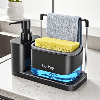 1 st tvålpump och svamphållare, tvålpumpsvamplåda, silverfärgad diskho i metall, ingen svamp, multifunktionellt diskmedelsset med svampställ, tvålpump för kök och badrum, plast, fristående, batterifri, perfekt pumphuvud, läckagesäker design, förstahandsval för julklappar tillbaka till skolan
