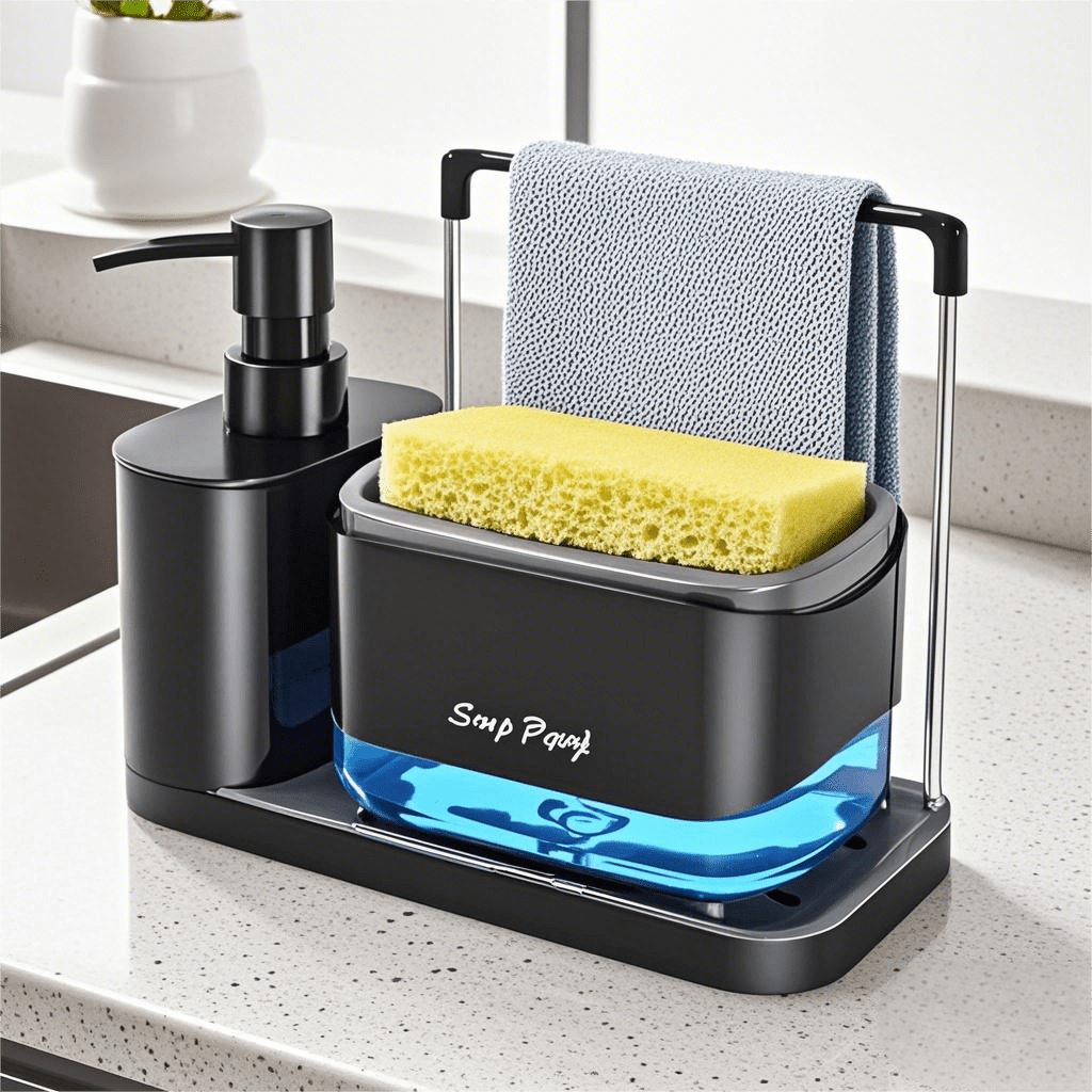 1 peça de dispensador de sabão e suporte para esponja, caixa de esponja com bomba de sabão, pia de cozinha de metal prateado, sem esponja, conjunto de dispensador de detergente para lavar louça multifuncional com suporte para esponja, dispensador de sabão para cozinha e banheiro, plástico, independente, sem bateria, cabeça de bomba perfeita, design à prova de vazamentos, primeira escolha para presentes de Natal de volta às aulas