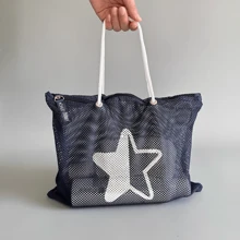 1pc Navy Blue Star Print Multi-Purpose Hand-Held Mesh Bag, Hollow-Out Mesh Net Bag With Zipper, Suitable For Shower, Toiletry, Fitness, Beach, Book, Storage And Travel