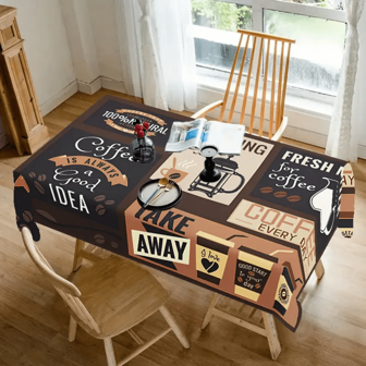 1 pieza Mantel de decoración del hogar con diseño de cartel de café único, rectangular, 100% poliéster, adecuado para picnic, camping, boda, fiesta de cumpleaños, buffet, decoración del hogar, escritorio de oficina, mesa de estudio - Mantel rectangular, regalo de vacaciones