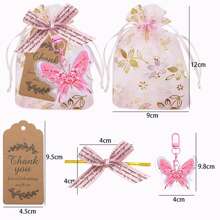 4-Piece Butterfly Keychain Gift Set, Brown Thank-You Card, Transparent Drawstring Bag, Keychain, Butterfly Tie, Perfect For Parties, Birthdays, Weddings, Souvenirs, Gender Revealing Parties