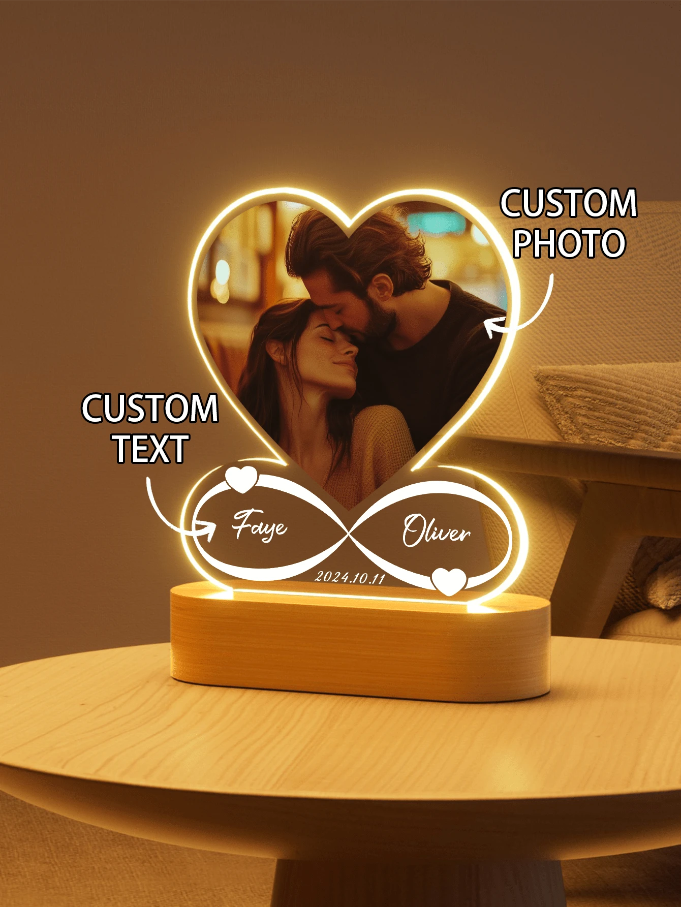 Personalized Anniversary Couples Gifts For Women And Men, Custom Acrylic Heart Picture Frame With Photo, Custom Acrylic Spotify Plaque With Night Light, Personalized Wedding Gifts Couples,Home Harmony,Warm Ambience,Fall Decor,Office Decor,Elegant Living - Oval Wooden Heart 01 - View 1