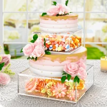 1 Set Transparent Acrylic Cake Stand, Fillable Cake Box Holder With Cover, Round/Square Cake Display Box, Suitable For Wedding And Birthday Party Centerpiece Decor - Clear - View 4
