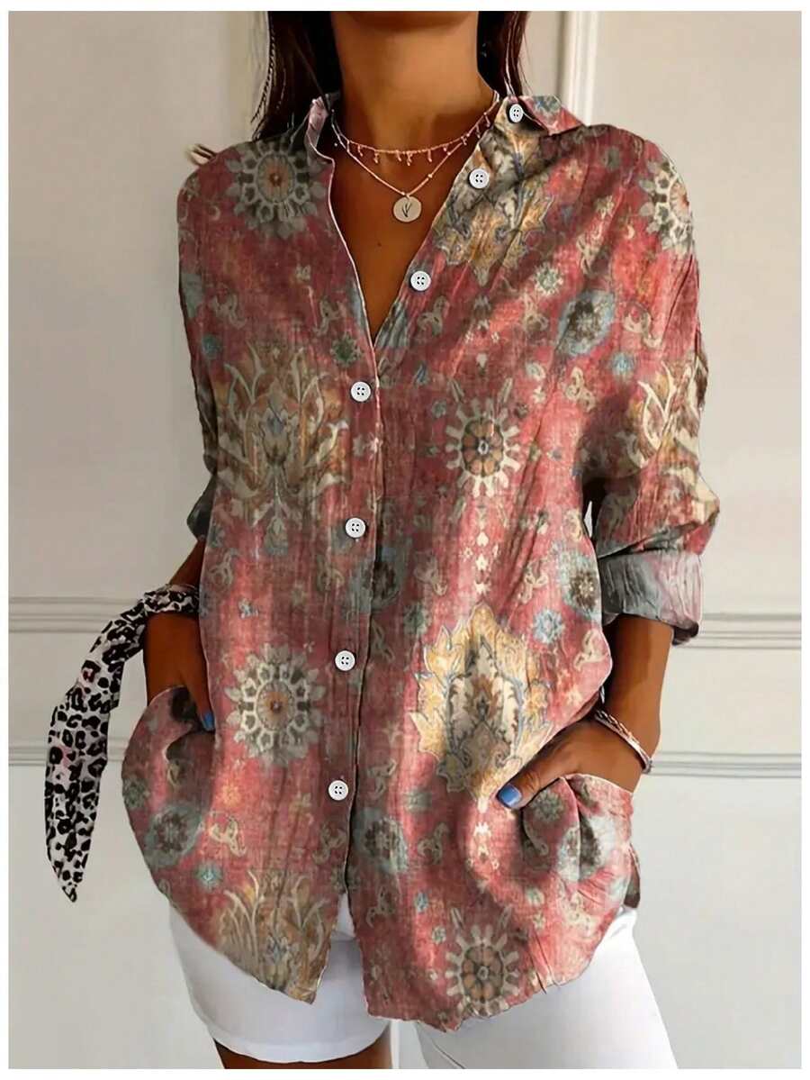 Women's New Spring/Autumn Casual Long Sleeve Collar Printed Button-Down Shirt - Pink - View 1