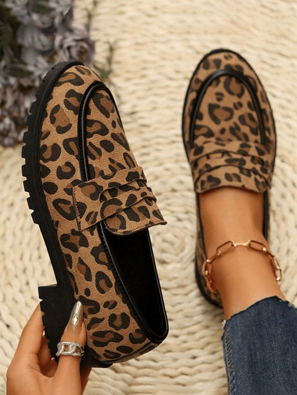 Women's Leopard Print Thick-Sole Loafers, Fashion College Style Formal Shoes, Women's Comfortable Shoes