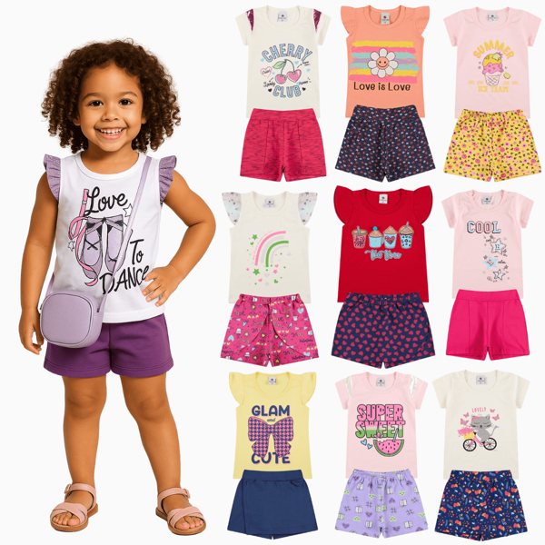 Kit 8 Peças de Roupas Infantil Menina Verão - 4 Camisetas + 4 Bermudas - Kit com 4 Conjuntos de Roupa Infantil Menina Sortido