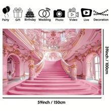 1 pieza Telón de fondo lujoso de escalera en rosa y dorado - Pasamanos con elegantes motivos dorados en espiral y detalles intrincados, diseño simétrico de arcada y paredes florales en flor, material de poliéster premium para el vestíbulo de un hotel lujoso, lugar de boda o decoración del hogar, sin necesidad de electricidad