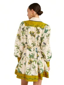 Women's Bohemian Print Short Dress With Long Sleeve Printed Lapel Casual Cardigan, Spring/Summer - Yellow - View 3