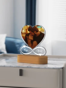 Personalized Anniversary Couples Gifts For Women And Men, Custom Acrylic Heart Picture Frame With Photo, Custom Acrylic Spotify Plaque With Night Light, Personalized Wedding Gifts Couples,Home Harmony,Warm Ambience,Fall Decor,Office Decor,Elegant Living - Oval Wooden Heart 01 - View 2