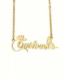1 Piece Custom English Name Necklace - Vintage Bohemian Crown & Butterfly Pendant, Stainless Steel Personalized Jewelry Gift For Girl, Anniversary Casual Dressing, Royal Style | Gold Tone Chain, Personalized Necklace - Multicolor - View 4