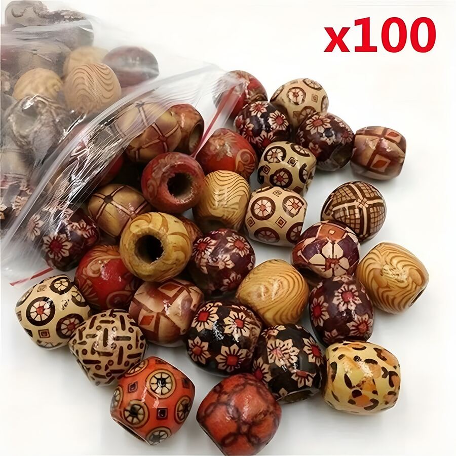 100pcs Mixed Wooden Bead Pattern Wood Beads Macrame For DIY Crafts Jewelry Making - Multicolor - View 1