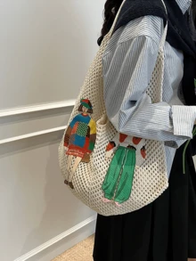 夏季新款编织女士手提包、时尚单肩网袋、沙滩和旅行草编包 - 彩色 - 查看 5