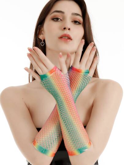 Mid-Length Colorful Printed Elastic Rainbow Fishnet Gloves, Suitable For Cosplay, Performances, Evening Parties Halloween