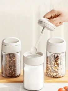 1pc 250ml Simple&Stylish Kitchen Glass Spice Jars, All-In-One 1.5g/0.053oz Salt Spoon Seasoning Storage Containers, Waterproof & Moisture-Proof, Durable & Easy To Clean