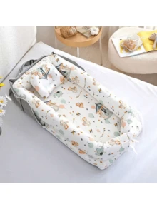 1 Set Cuna portátil de bebé con diseño de animales de dibujos animados, cama de aislamiento para recién nacidos, juego de ropa de cama extraíble y lavable con almohada para bebé, adecuado para bebés de 0 a 1 año, para uso en el hogar y de viaje