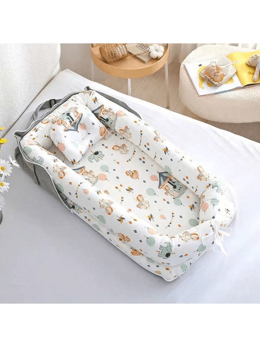 1 Set Cuna portátil de bebé con diseño de animales de dibujos animados, cama de aislamiento para recién nacidos, juego de ropa de cama extraíble y lavable con almohada para bebé, adecuado para bebés de 0 a 1 año, para uso en el hogar y de viaje