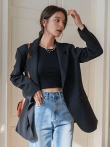 Bamboo Fashion Tailored Blazer With Lining Button Women's Elegant Business Coat New Collection Short Blazer Apricot Corduroy For Women,Chic Design,Spring Fall 2025New Arrival Popular Suit - 黑色1 - 查看 4