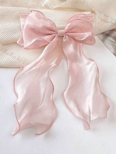 1pc Sweet Pink Princess Net Yarn Extra Large Bow Wavy Ribbon Clip, Elegant Gentle Hair Accessory For Spring, School Stuff, College, Pink Hair Clips, Bows, Cute