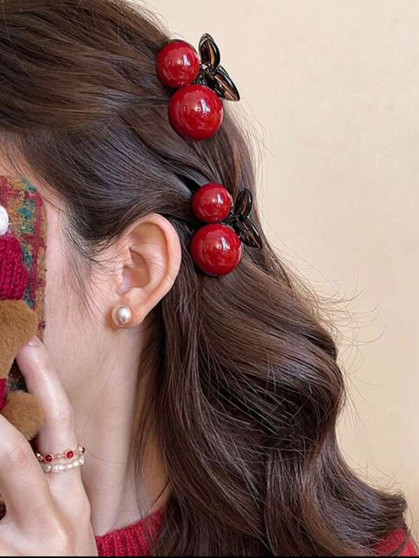 1pc Fashion Elegant Premium Churu Red Cherry Claw Clip Side Bangs Hair Clip Ponytail Hair Accessory, Suitable For Women Daily Wear, Photo Shooting, Birthday Gift Hair Clips Hair Jaw Clip Hair Clamps Hair Clutch Hair Catcher Clip