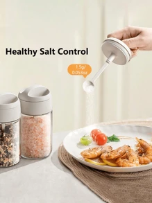 1pc 250ml Simple&Stylish Kitchen Glass Spice Jars, All-In-One 1.5g/0.053oz Salt Spoon Seasoning Storage Containers, Waterproof & Moisture-Proof, Durable & Easy To Clean