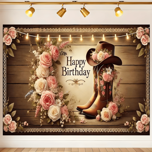 1 Pc, 2D Flat, Western Boot Birthday Backdrop, Polyester Fabric, Featuring Floral Cowboy Boots And Cowboy Hats, Rustic Wood Textures, Warm Amber String Lights And Lace, Pink And White Floral Arrangements And Greenery, And A Handwritten "Happy Birthday" Centerpiece. Suitable For Rustic Wedding/Party Decorations, Photo Booth Backdrops, Photo Booth Props, Bedroom And Living Room Decorations, And Multiple Sizes Available.