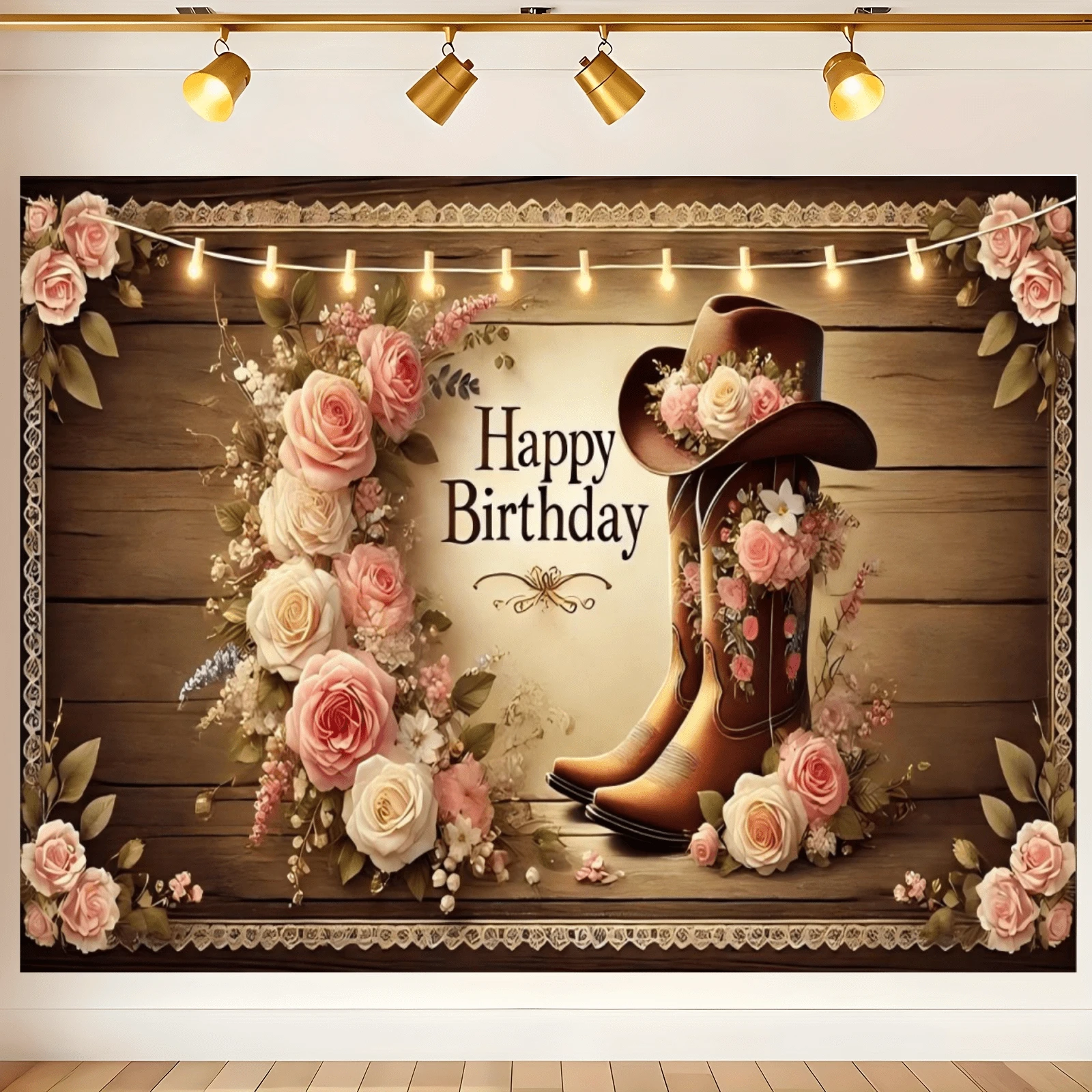 1 pieza Pancarta de fondo con botas de vaquero estilo occidental, hecha de poliéster, sombrero de vaquero floral, grano de madera vintage, flores rosas y blancas con follaje verde, texto de feliz cumpleaños, decoración para fiesta de boda campestre, telón de fondo para fotografía, decoración para eventos interiores y exteriores, accesorios para photocall, reutilizable, lavable, durable - Multicolor - Ver 1