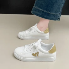 女士春秋新款时尚金心设计系带休闲舒适白色运动鞋