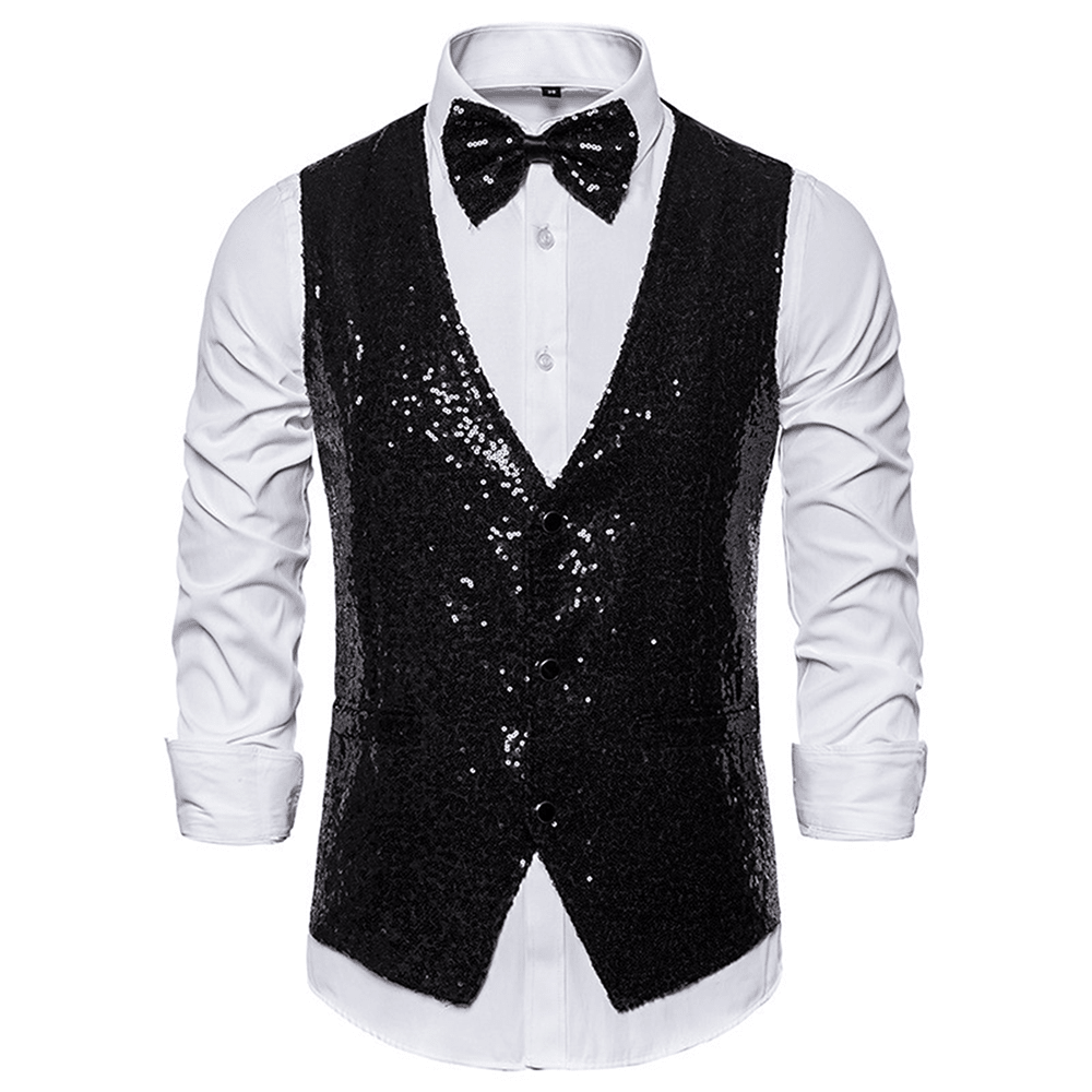 Men's Sequin Black Tank Top Set, No Bowknot, 100% Polyester Plain V-Neck Vest, Formal Design For All Season Wedding Suit Jacket, Non-Stretch Fabric