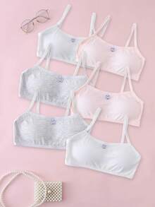 6Pcs Tween Girl's Solid Color Cute Rabbit Print Training Bra, Comfy & Breathable Underwear , All Season Wearing - Pink - View 1