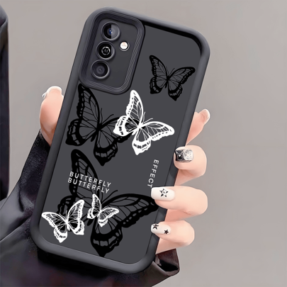 1pc Fashionable Black & White Letter Butterfly Fully Protective Anti-Drop Phone Case, Thick Anti-Slip Protective Cover Compatible With IPhone, Honor, Redmi, Galaxy, Waterproof Shockproof Scratch Resistant