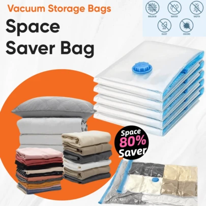 6 件装多尺寸真空压缩袋，适用于衣物和床上用品真空收纳袋，节省空间的压缩袋，适用于棉被和毛毯，密封衣物收纳袋