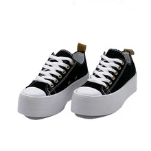 Scarpe casual da donna in tela con plateau, semplici, stile preppy, con lacci - nero - Visualizzare 2