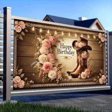 1 pieza Pancarta de fondo con botas de vaquero estilo occidental, hecha de poliéster, sombrero de vaquero floral, grano de madera vintage, flores rosas y blancas con follaje verde, texto de feliz cumpleaños, decoración para fiesta de boda campestre, telón de fondo para fotografía, decoración para eventos interiores y exteriores, accesorios para photocall, reutilizable, lavable, durable - Multicolor - Ver 3