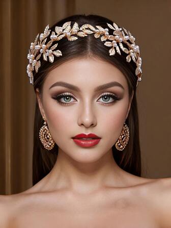 新娘金色头带，波西米亚合金叶婚礼花冠，手工制作的轻盈奢华新娘礼服发饰，优雅温柔的婚礼高髻发型头饰 HP353