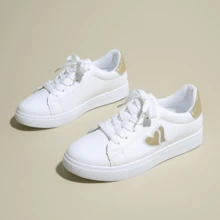 女士春秋新款时尚金心设计系带休闲舒适白色运动鞋