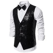 Men's Black Vest, No Bow, Solid Color Party V-Neck Vest, Suitable For Disco, Nightclub, Party, Birthday Party, Graduation Ball